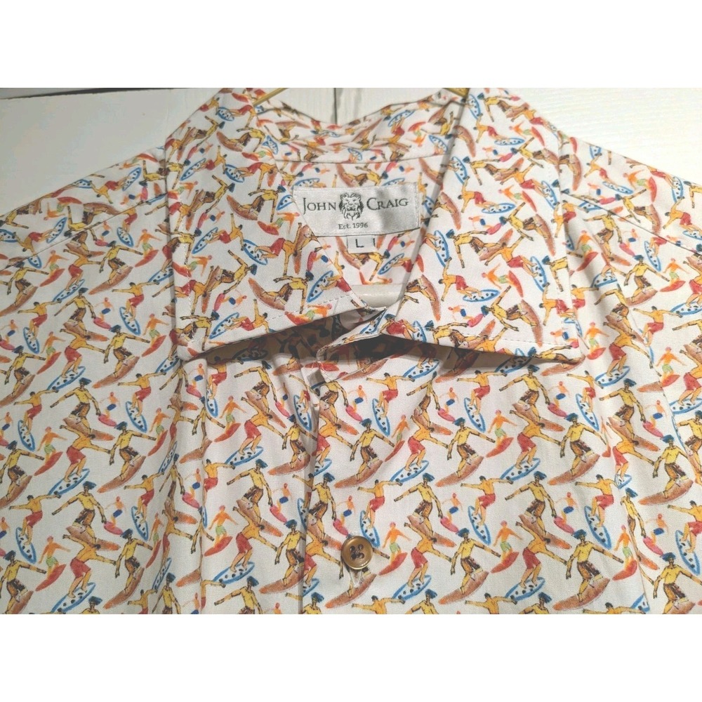 John Craig Polo Shirt Men L Surfer Beach Print Cotton Short Sleeve EUC RARE